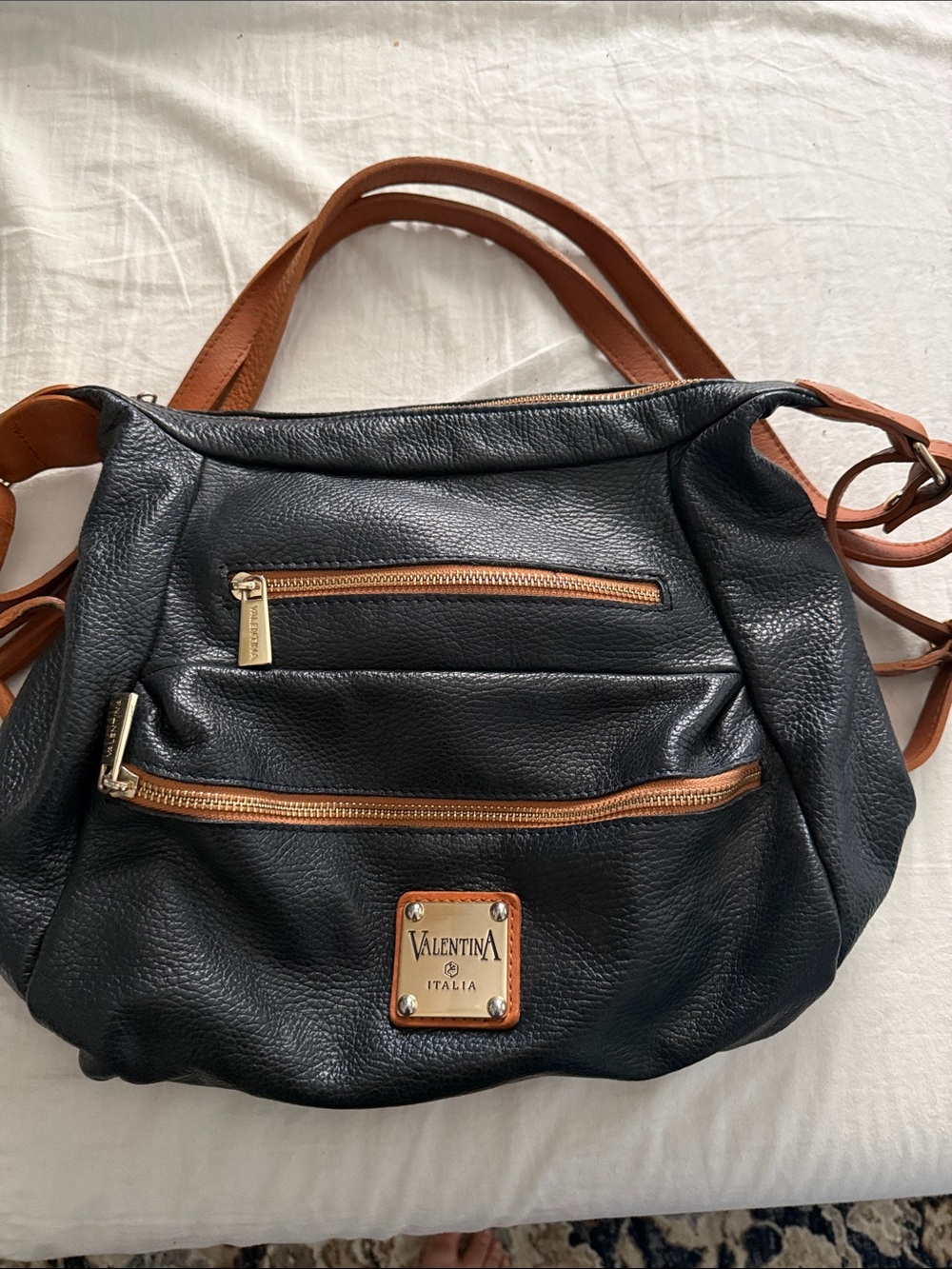 Valentina Black Shoulder Bag with Tan Straps and Trim